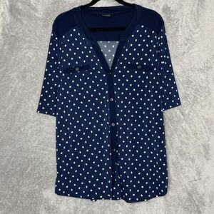 Elie McCarthy 2X Top Shirt Navy Blue Polka Dot Button Up  V Neck Short Sleeve
